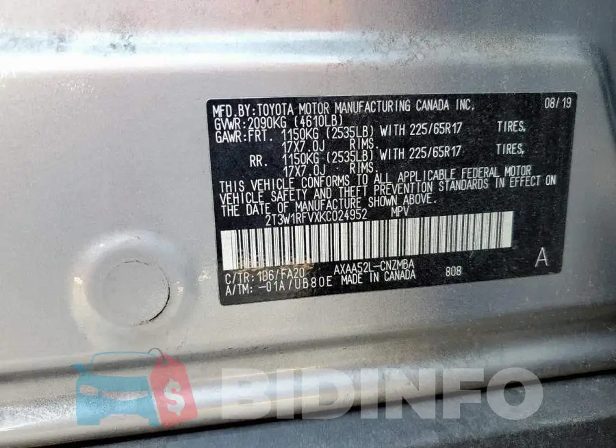 2T3W1RFVXKC024952 Photo# 14