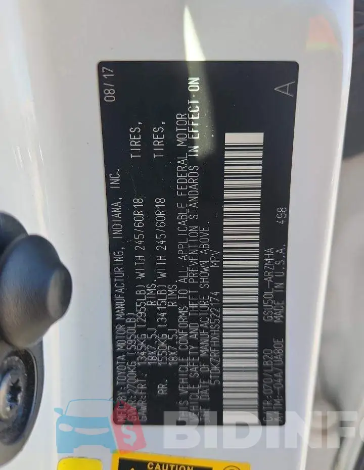 5TDKZRFHXHS522174 Photo# 14