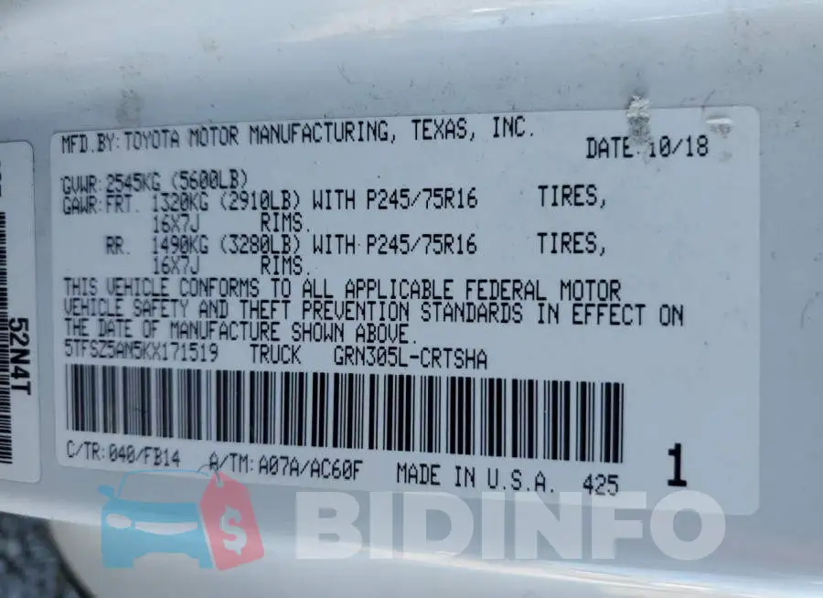 5TFSZ5AN5KX171519 Photo# 12