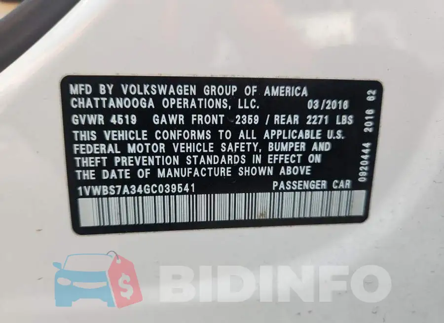 1VWBS7A34GC039541 Photo# 12