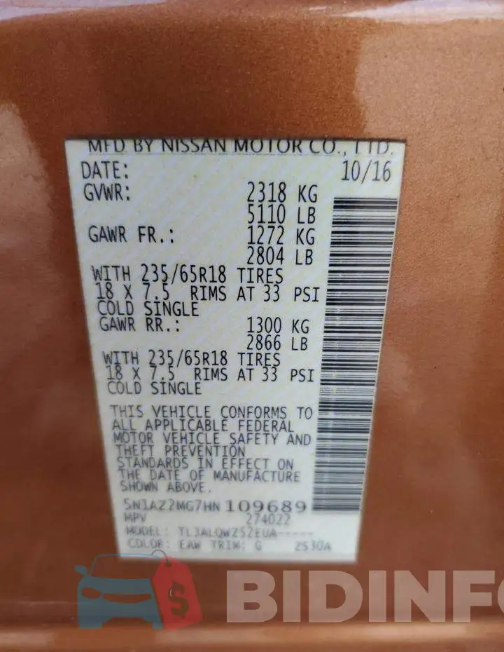 5N1AZ2MG7HN109689 Photo# 13