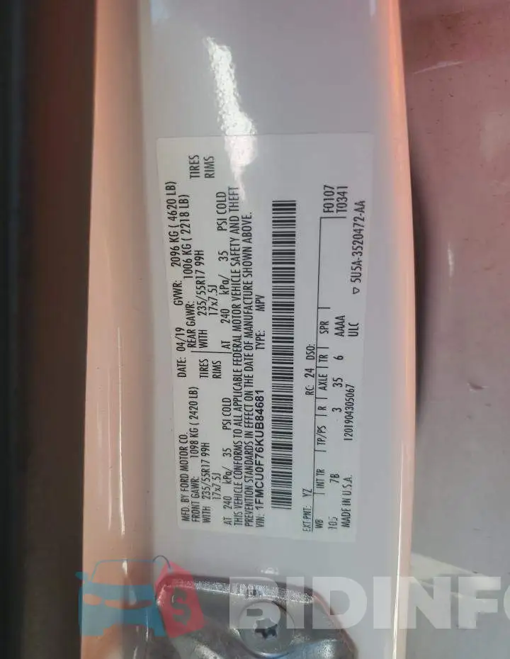 1FMCU0F76KUB84681 Photo# 13