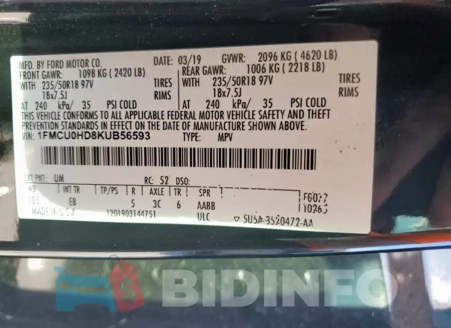 1FMCU0HD8KUB56593 Photo# 14