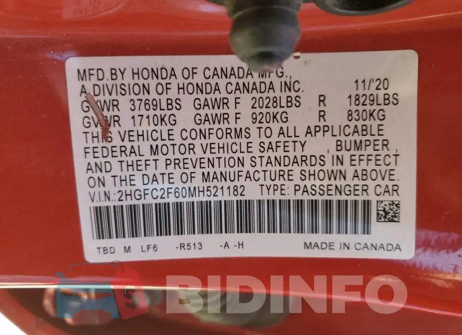 2HGFC2F60MH521182 Photo# 12