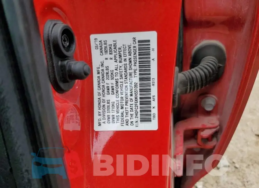 2HGFC2F6XKH551092 Photo# 12