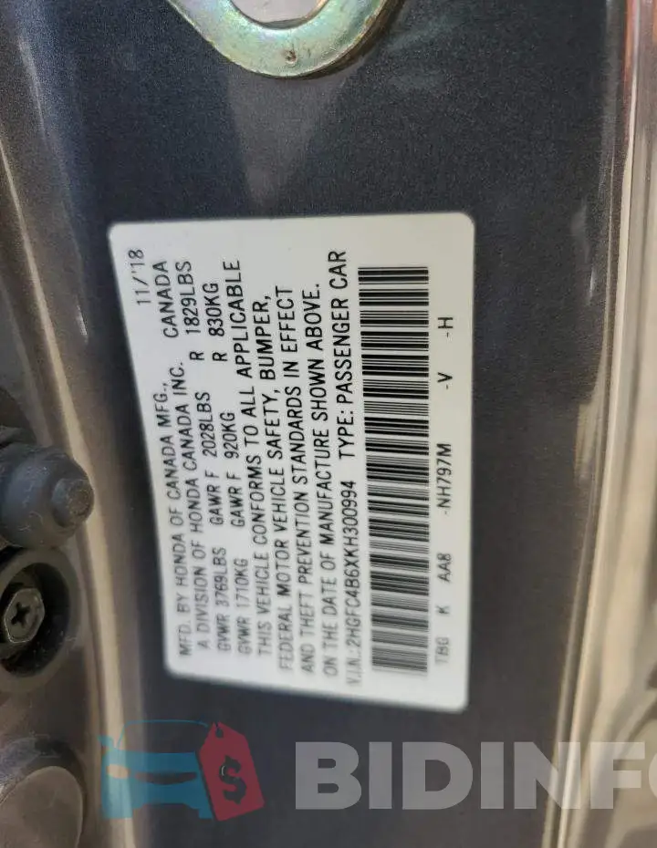 2HGFC4B6XKH300994 Photo# 12