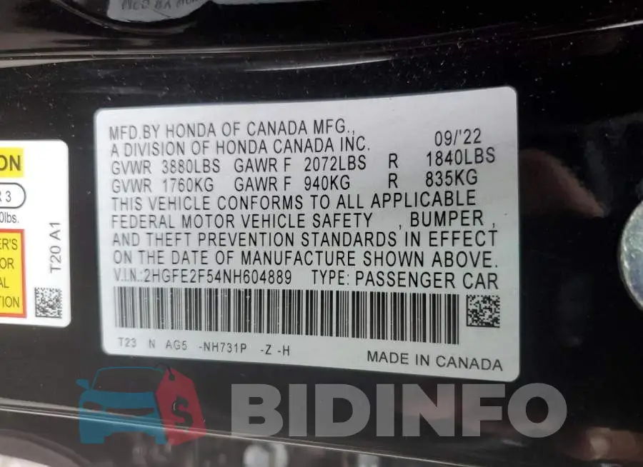 2HGFE2F54NH604889 Photo# 12