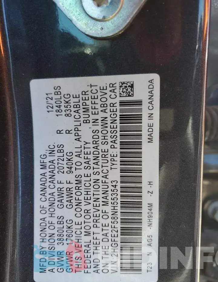2HGFE2F58NH553543 Photo# 13