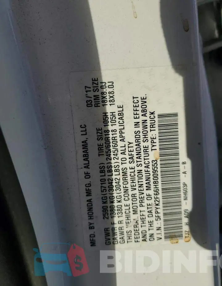 5FPYK2F66HB009553 Photo# 12