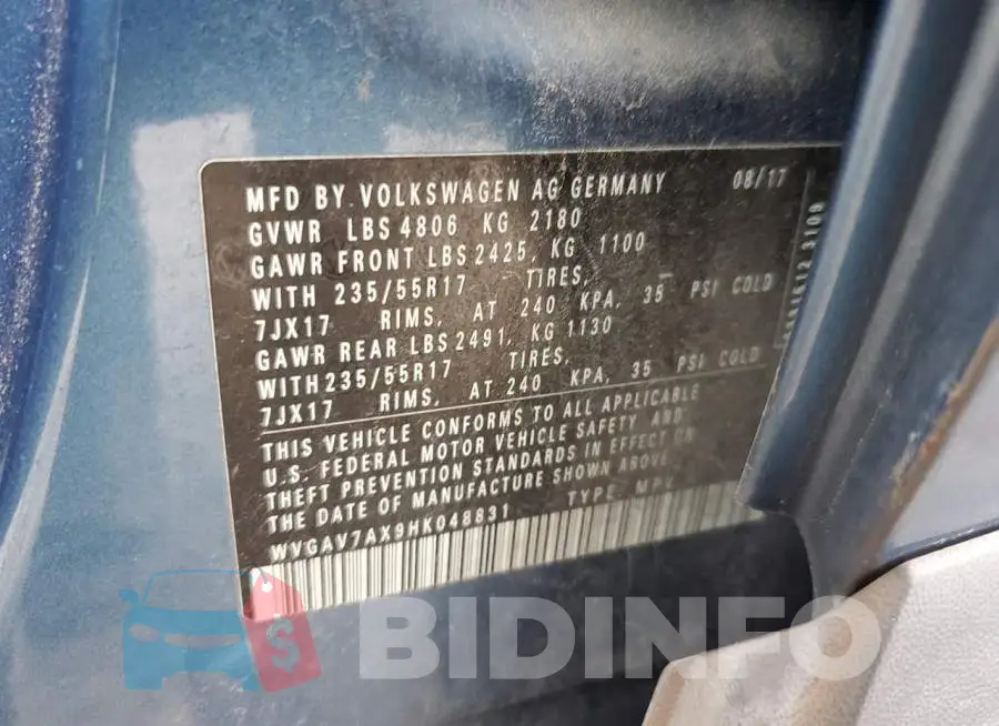 WVGAV7AX9HK048831 Photo# 13