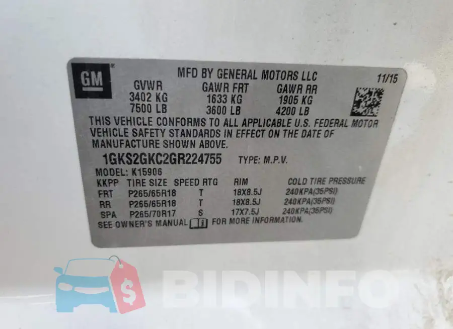 1GKS2GKC2GR224755 Photo# 14