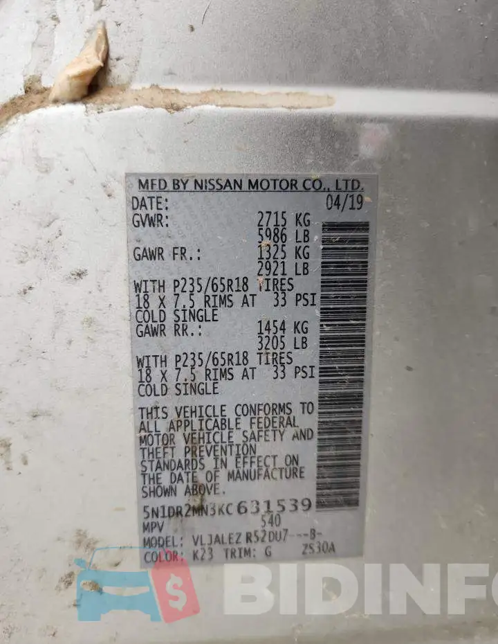 5N1DR2MN3KC631539 Photo# 13