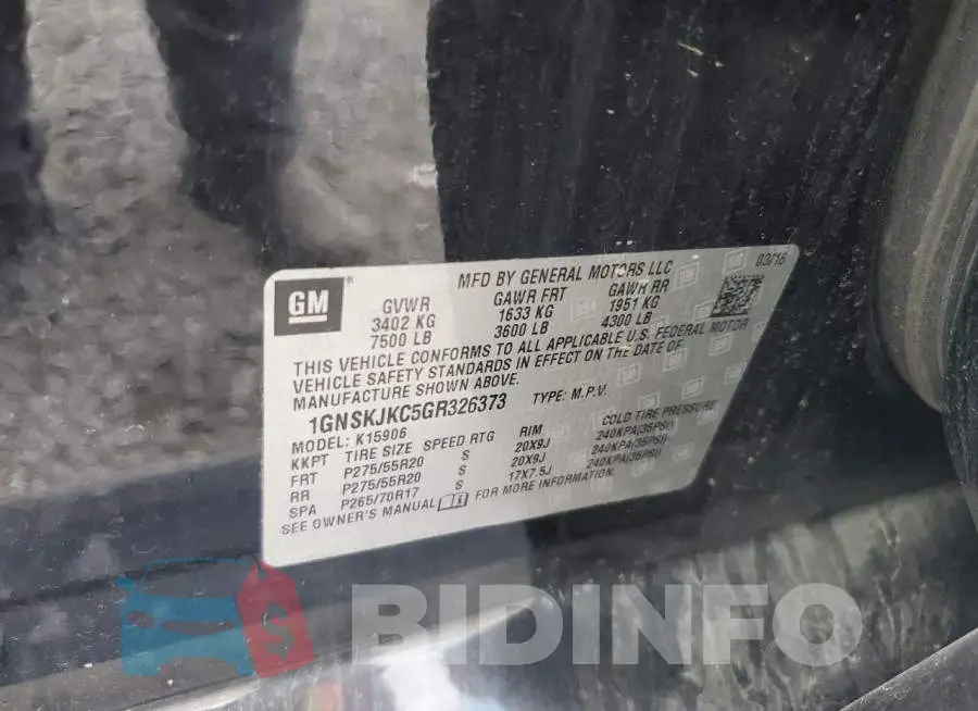 1GNSKJKC5GR326373 Photo# 13