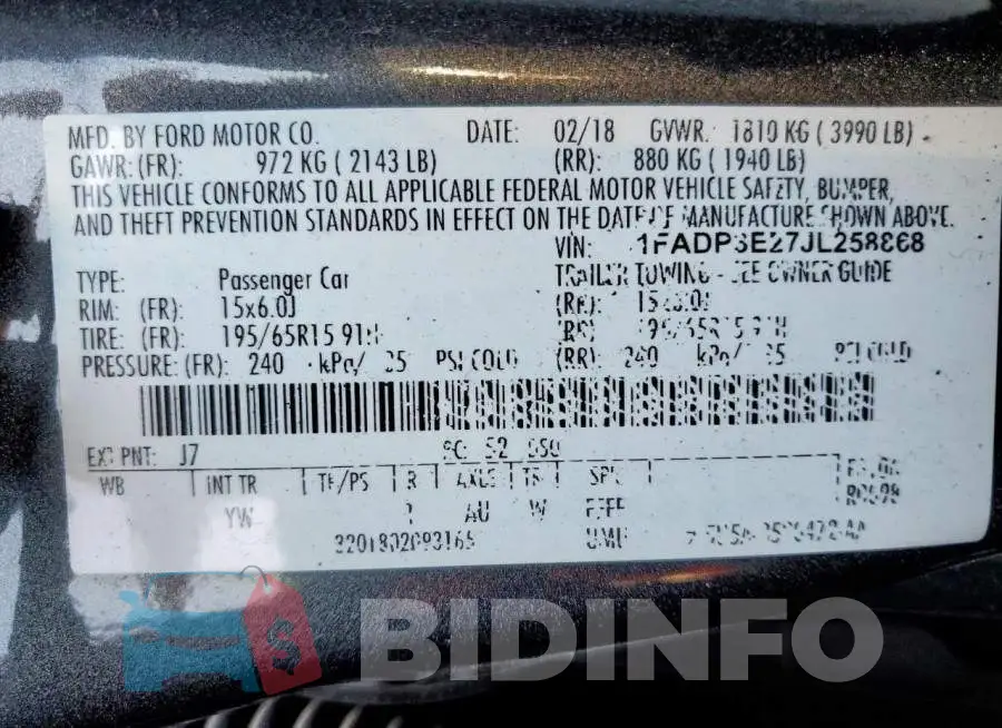 1FADP3E27JL258868 Photo# 12