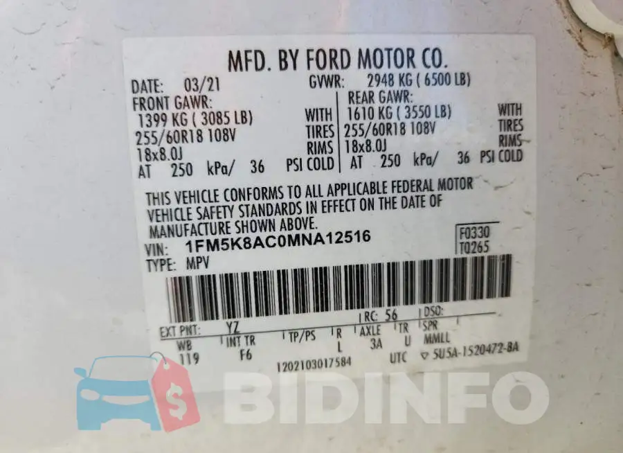 1FM5K8AC0MNA12516 Photo# 14