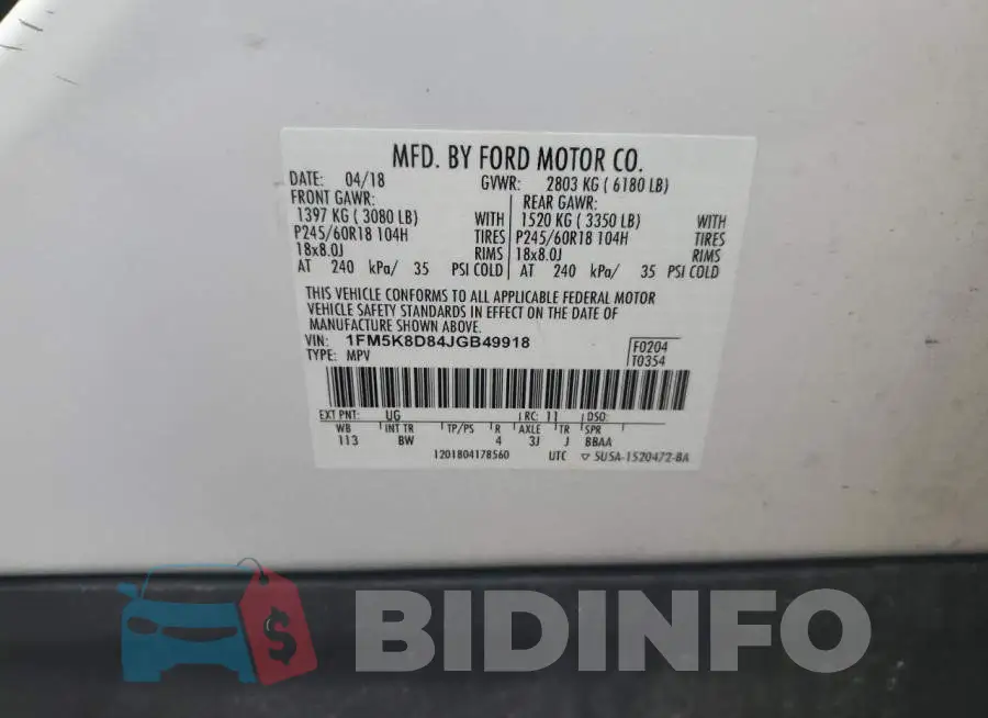 1FM5K8D84JGB49918 Photo# 14