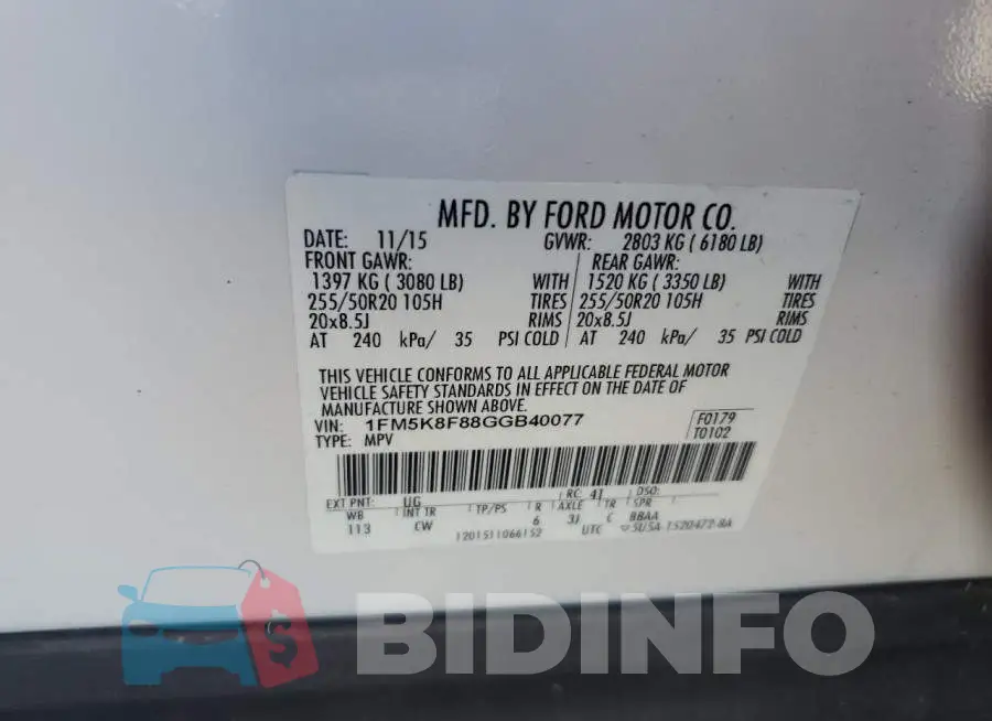 1FM5K8F88GGB40077 Photo# 13