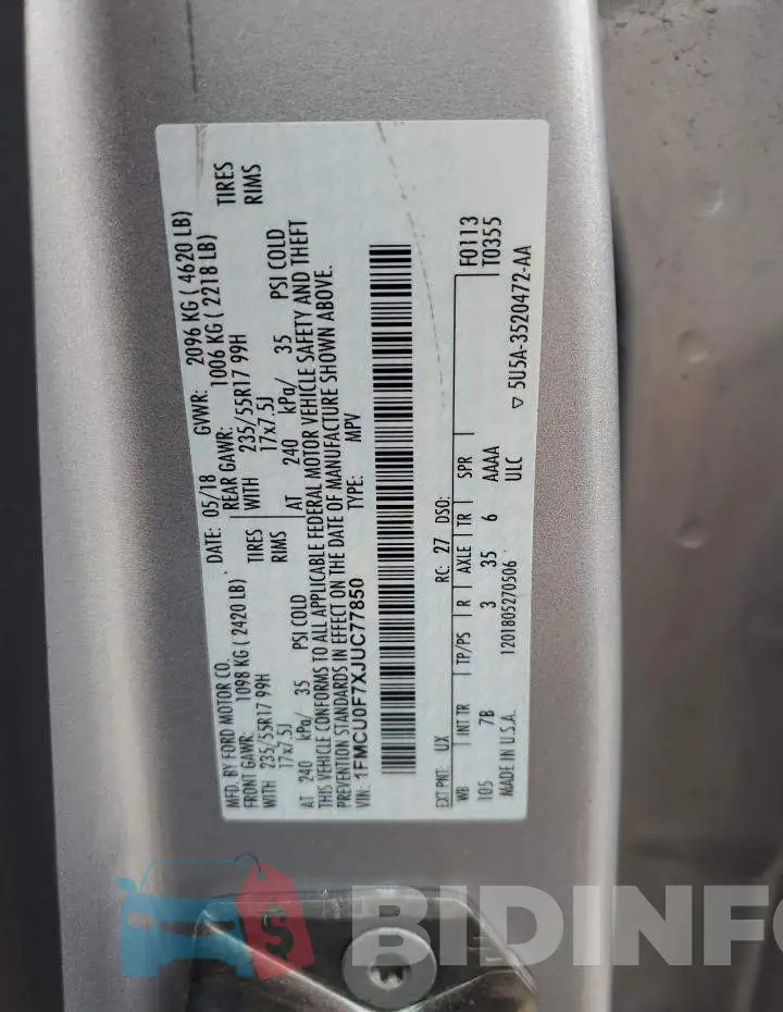 1FMCU0F7XJUC77850 Photo# 13