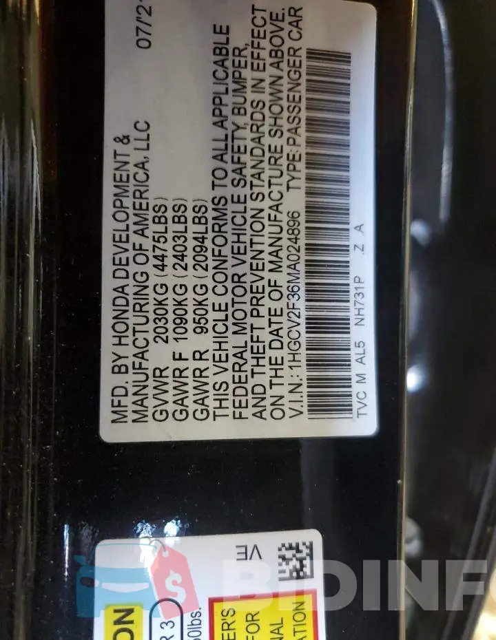 1HGCV2F36MA024896 Photo# 12