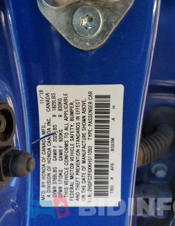 2HGFC2F6XKH511093 Photo# 12