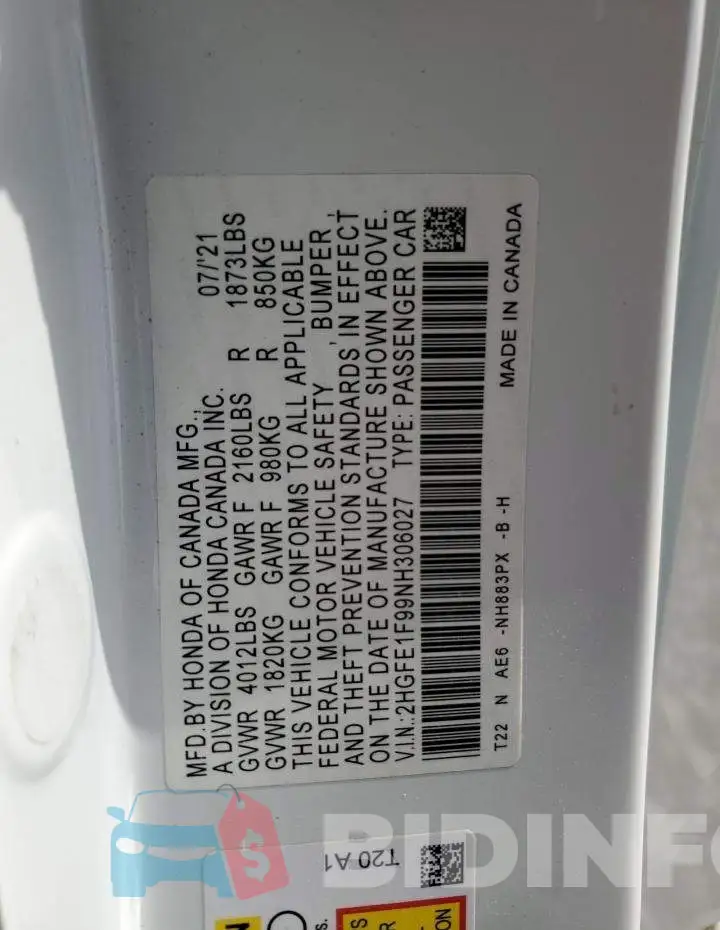 2HGFE1F99NH306027 Photo# 13