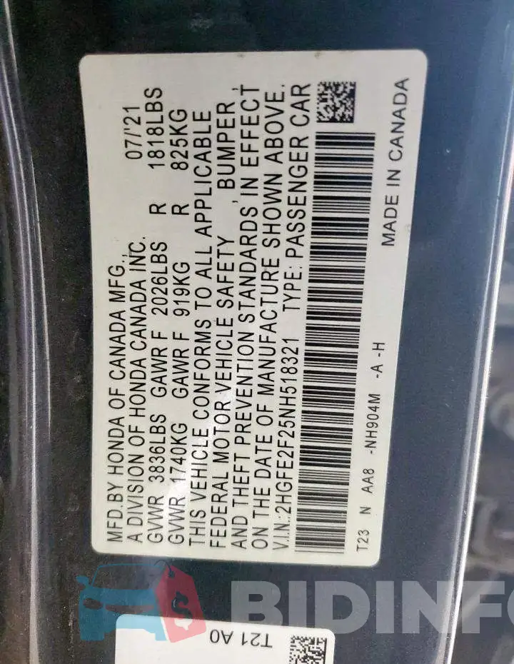 2HGFE2F25NH518321 Photo# 12