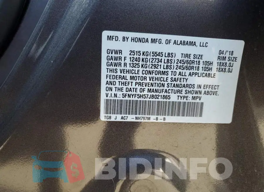 5FNYF5H57JB021865 Photo# 13