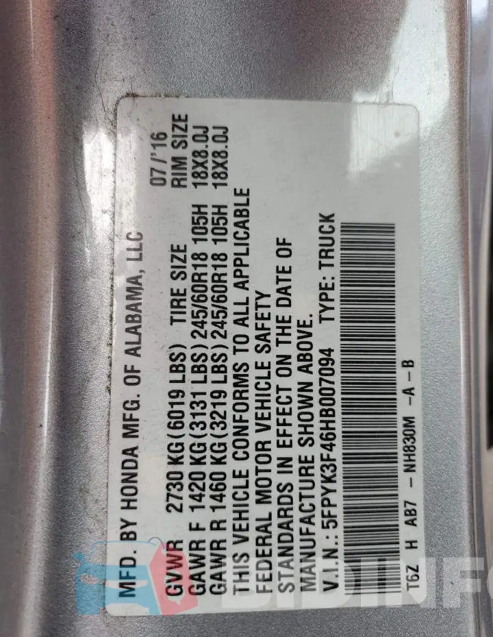 5FPYK3F46HB007094 Photo# 13
