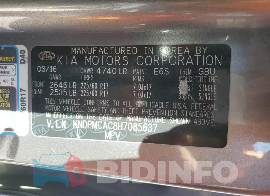 KNDPMCAC8H7085637 Photo# 14