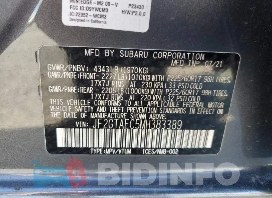 JF2GTAEC5MH383389 Photo# 14