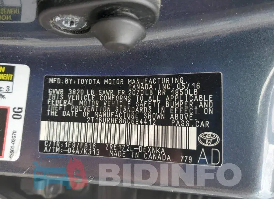 2T1BURHE8GC684412 Photo# 13