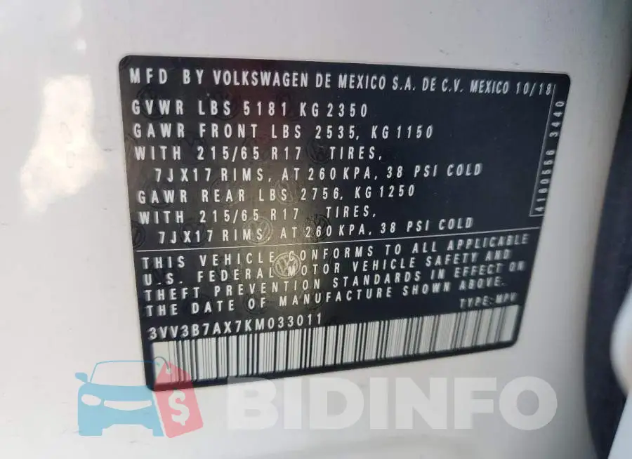3VV3B7AX7KM033011 Photo# 13