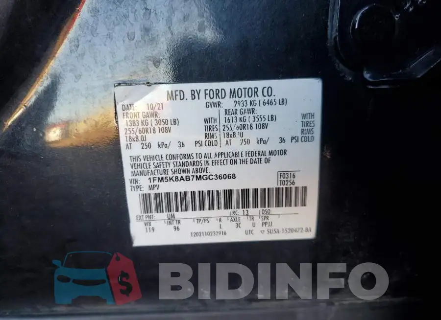 1FM5K8AB7MGC36068 Photo# 14