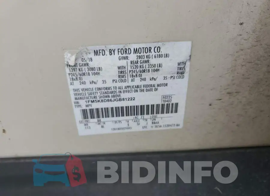 1FM5K8D86JGB81222 Photo# 13