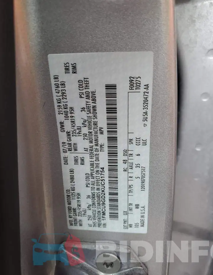 1FMCU9GD2KUC51754 Photo# 13