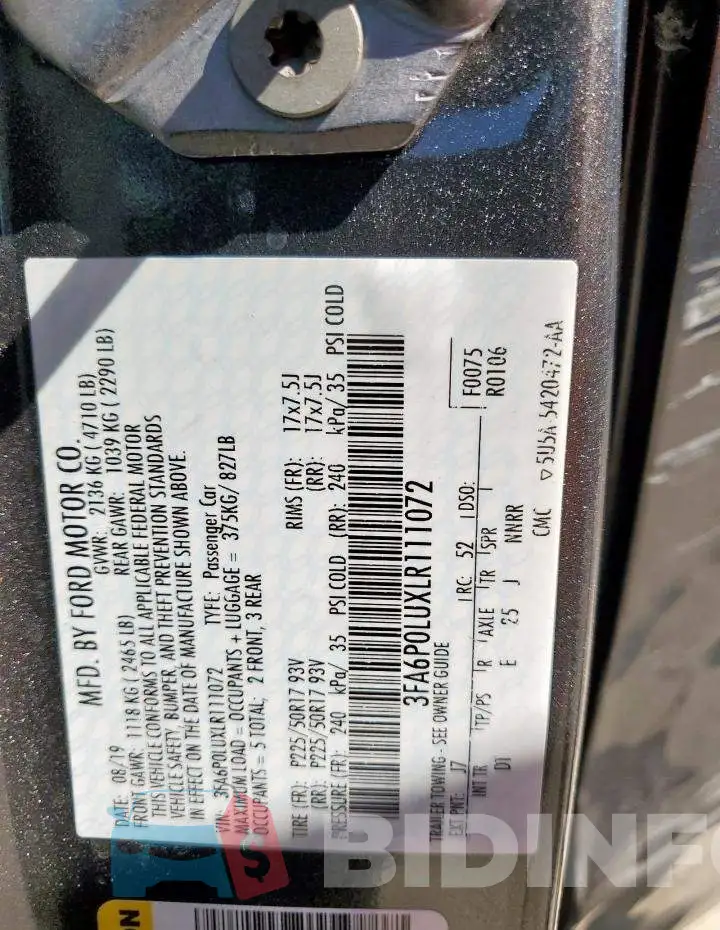 3FA6P0LUXLR111072 Photo# 12