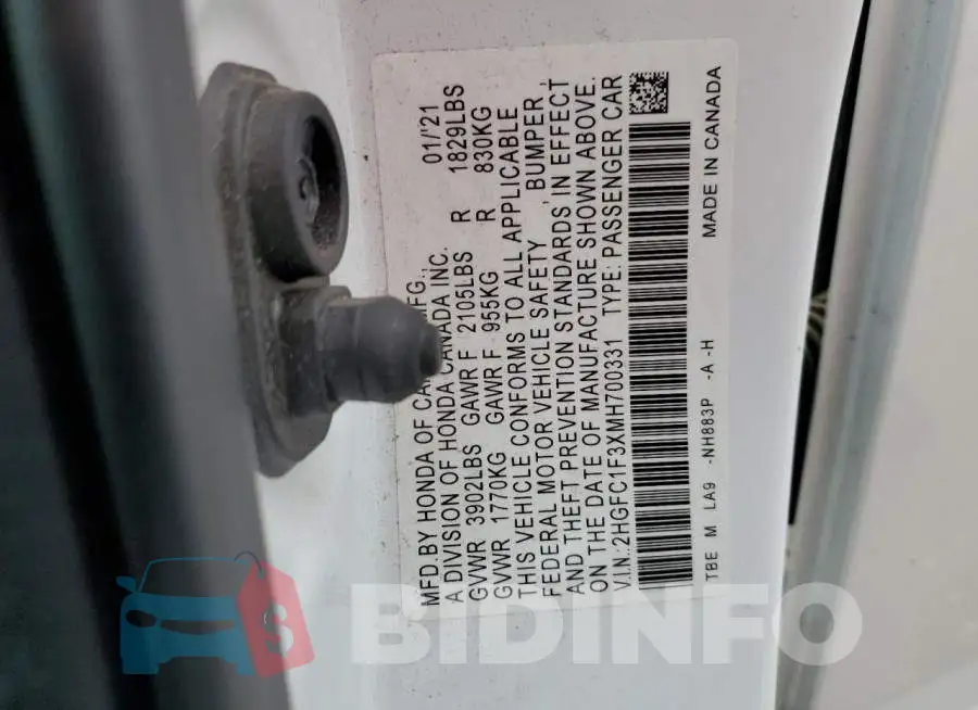 2HGFC1F3XMH700331 Photo# 13