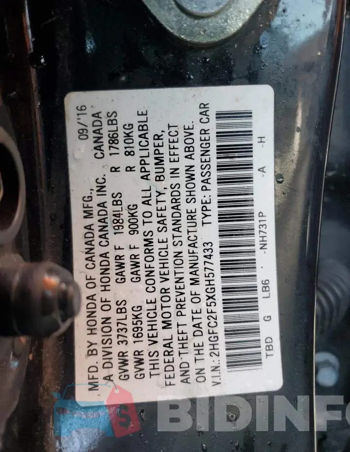 2HGFC2F5XGH577433 Photo# 12