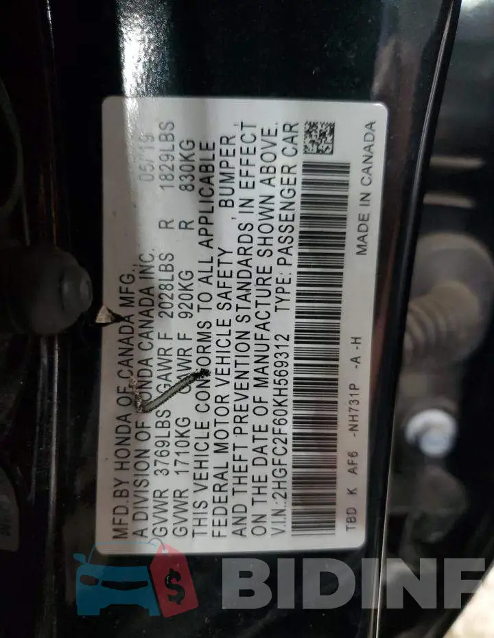 2HGFC2F60KH569312 Photo# 12