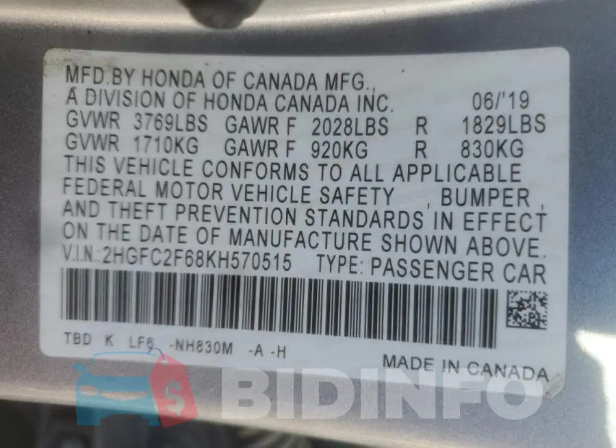 2HGFC2F68KH570515 Photo# 12