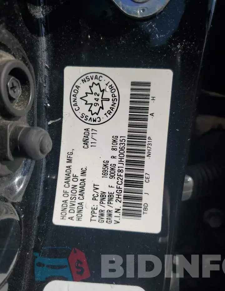 2HGFC2F81JH006351 Photo# 12