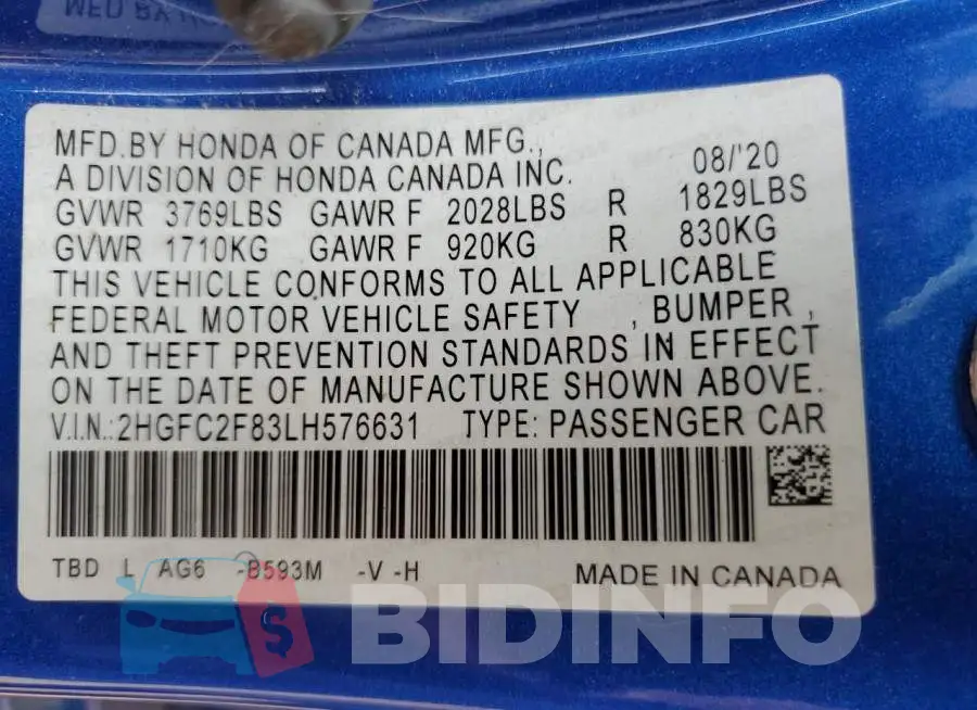 2HGFC2F83LH576631 Photo# 12
