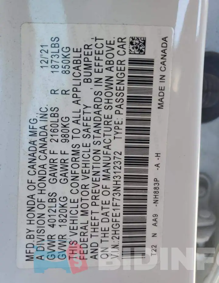 2HGFE1F73NH312372 Photo# 12