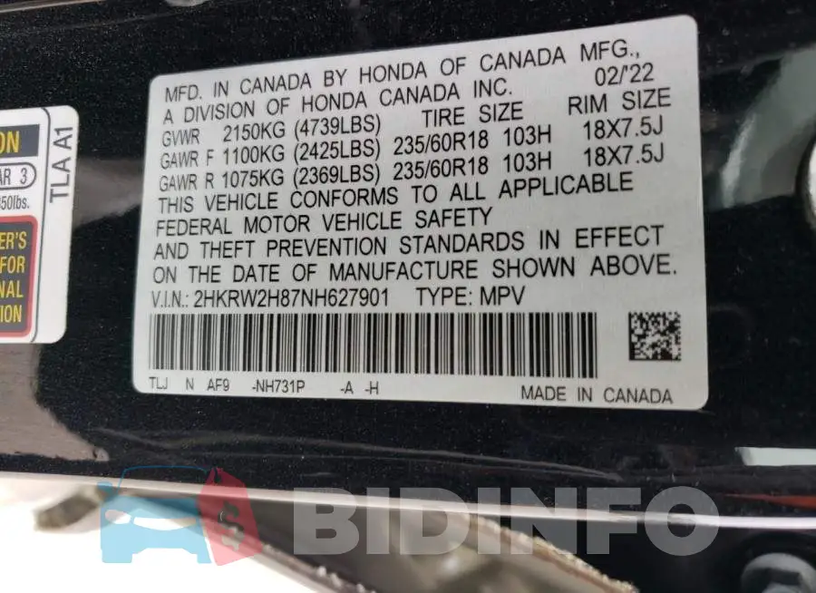2HKRW2H87NH627901 Photo# 13