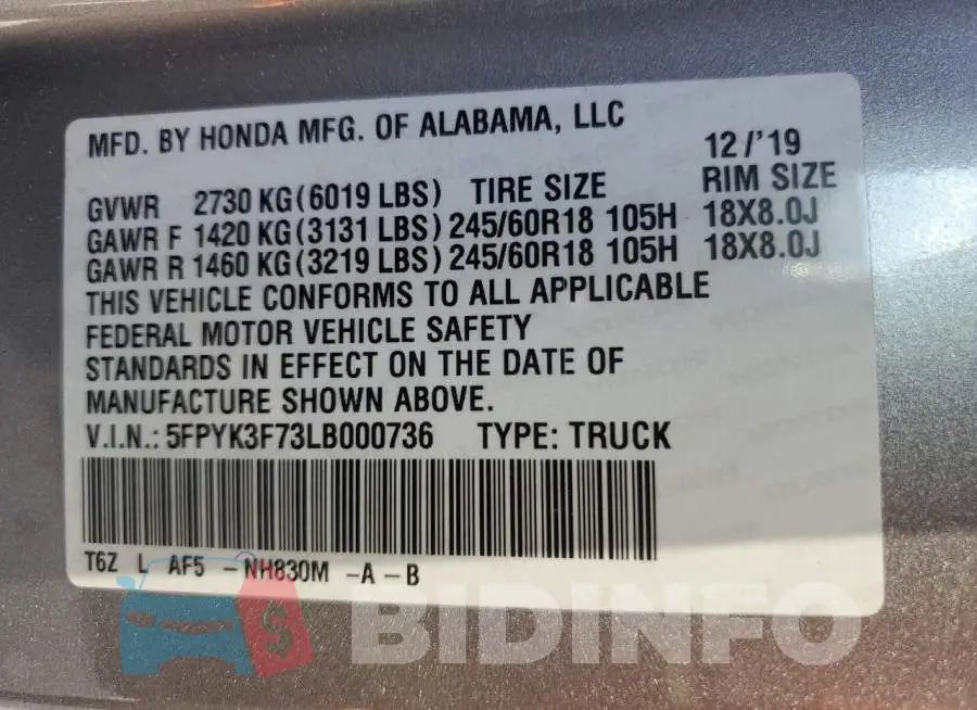 5FPYK3F73LB000736 Photo# 13
