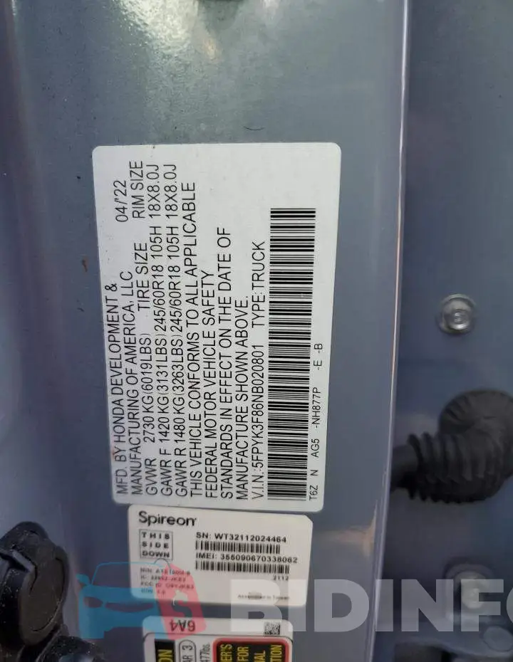5FPYK3F86NB020801 Photo# 13