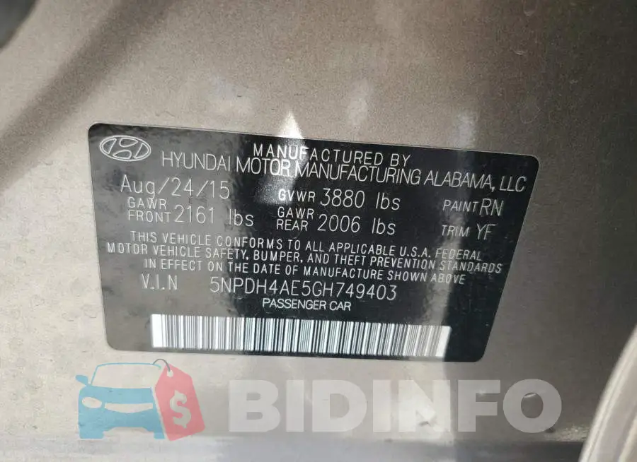 5NPDH4AE5GH749403 Photo# 12