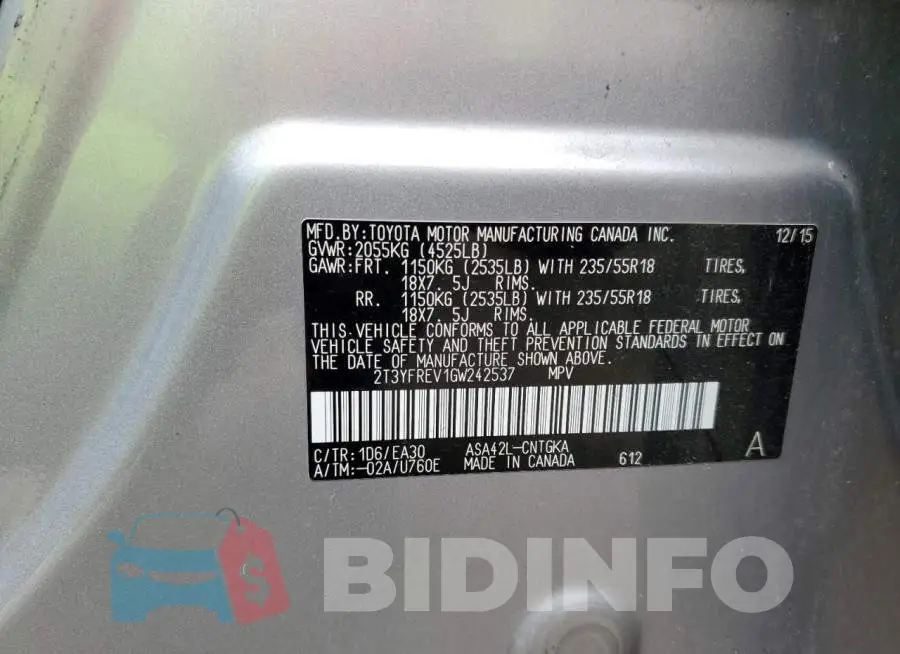 2T3YFREV1GW242537 Photo# 14