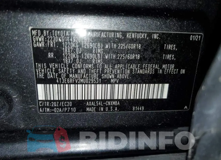 4T3E6RFV2MU029531 Photo# 13