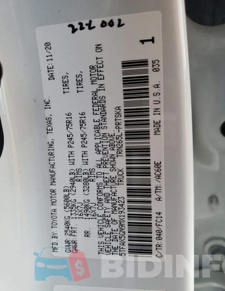 5TFAX5GN9MX193423 Photo# 13